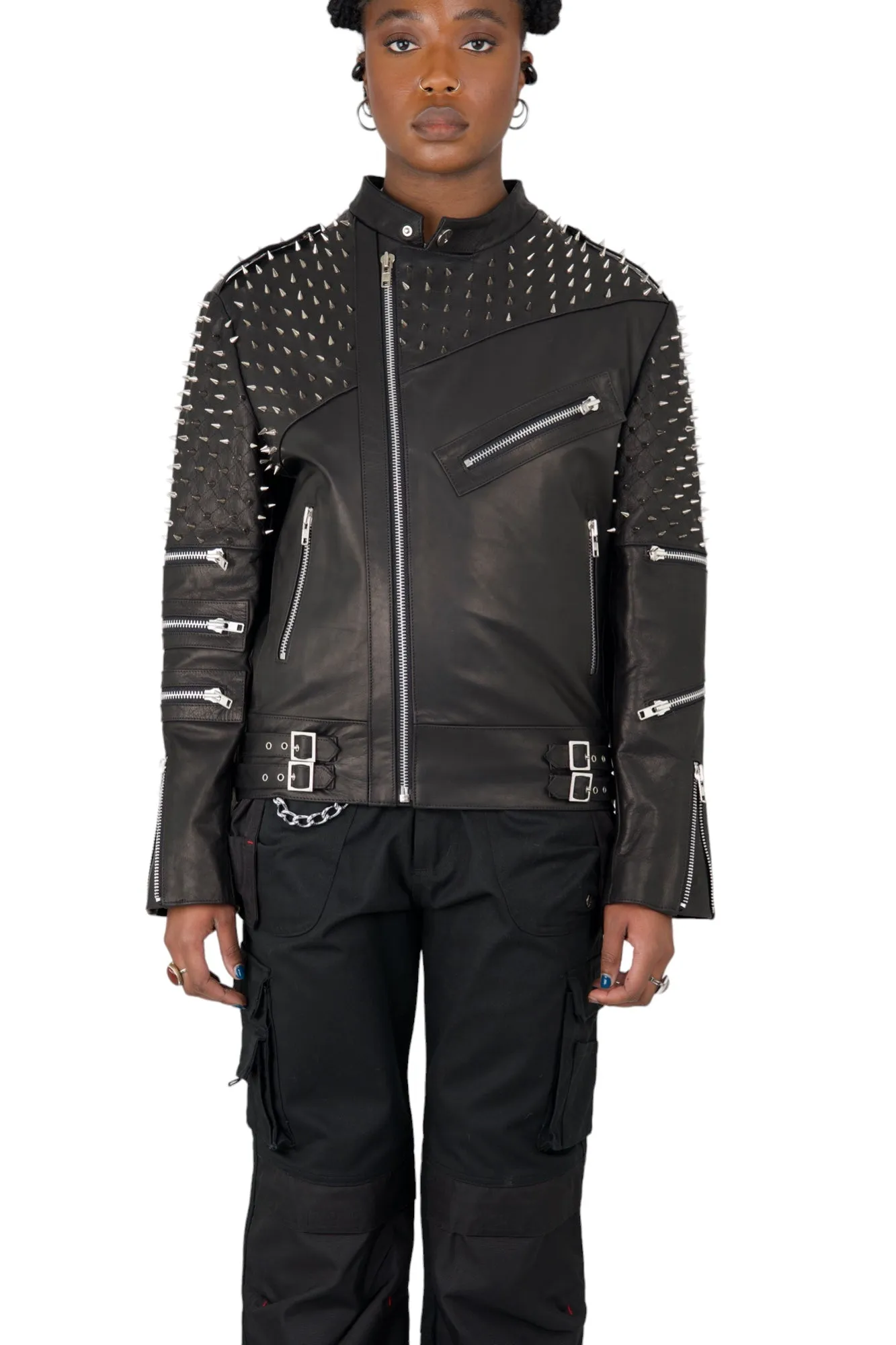 Nominal London Black Leather Studded Biker Jacket - Feminine Styling
