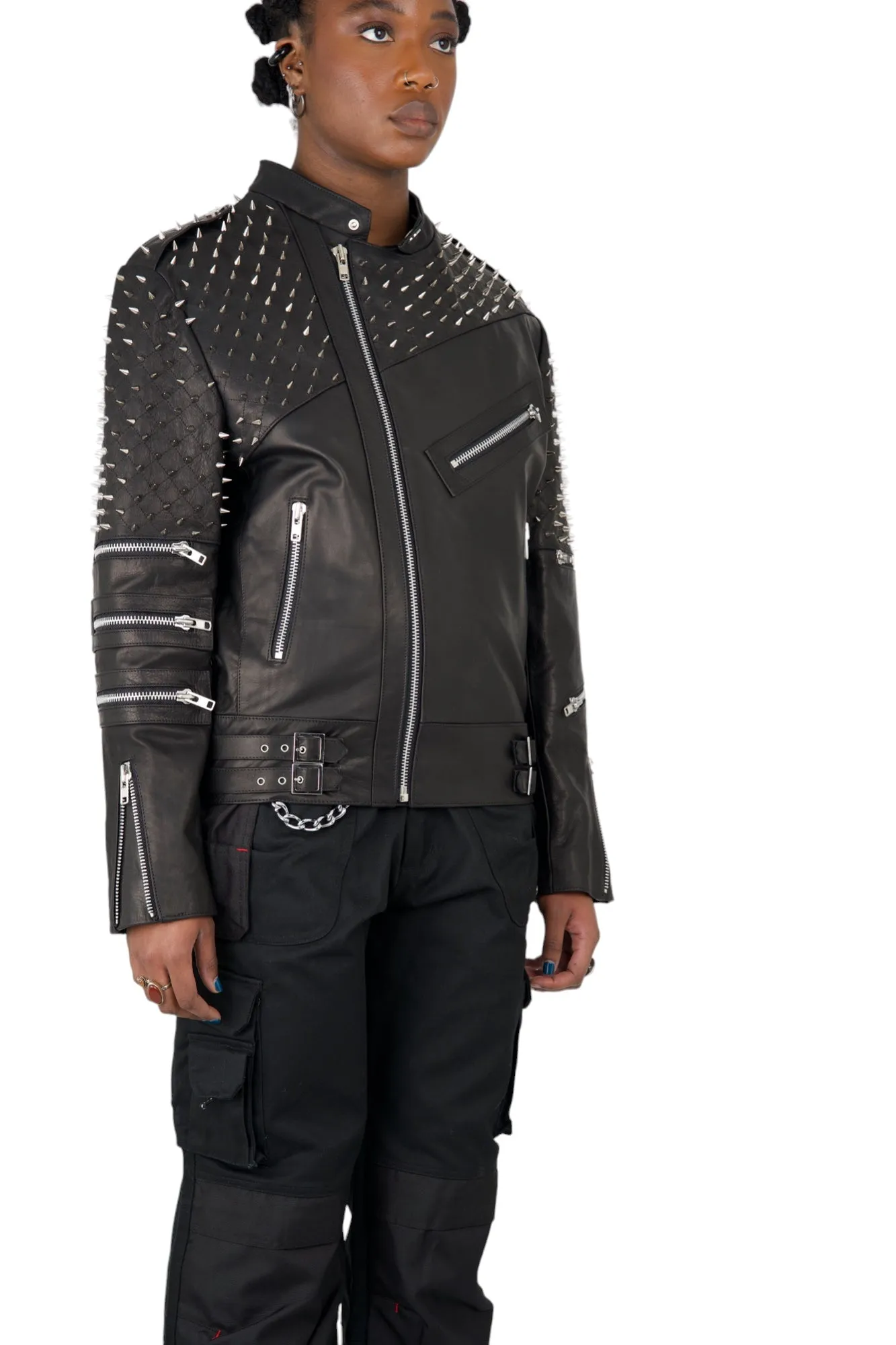 Nominal London Black Leather Studded Biker Jacket - Feminine Styling