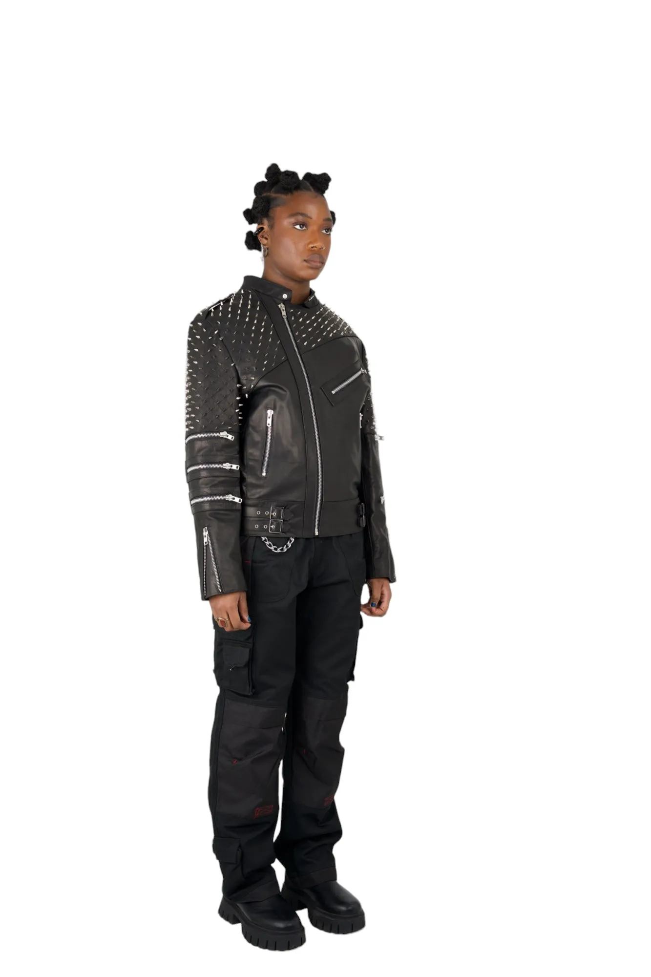 Nominal London Black Leather Studded Biker Jacket - Feminine Styling