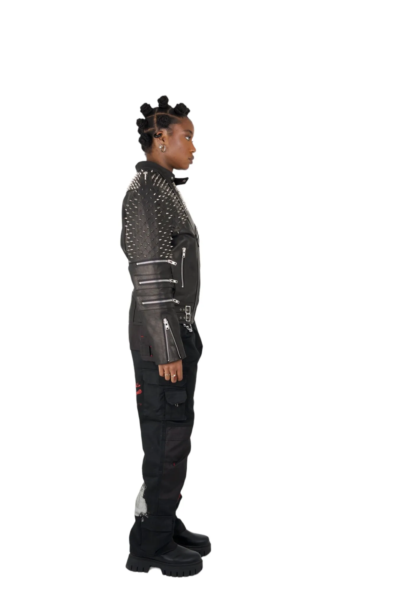 Nominal London Black Leather Studded Biker Jacket - Feminine Styling