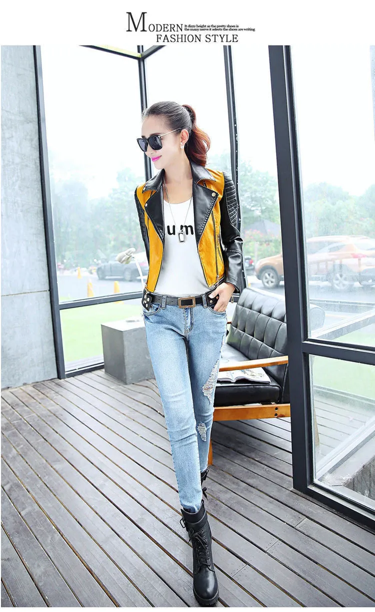 PU women leather motorcycle jacket patchwork color zippr design women PU leather outerwear coat