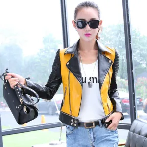 PU women leather motorcycle jacket patchwork color zippr design women PU leather outerwear coat
