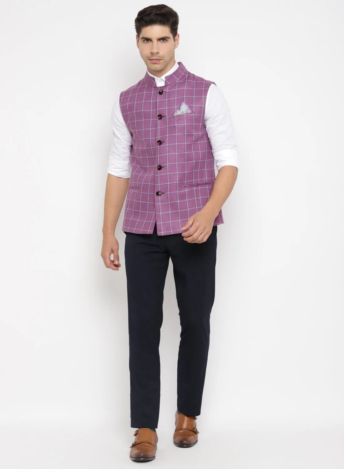 Purple Linen Check Nehru Jacket