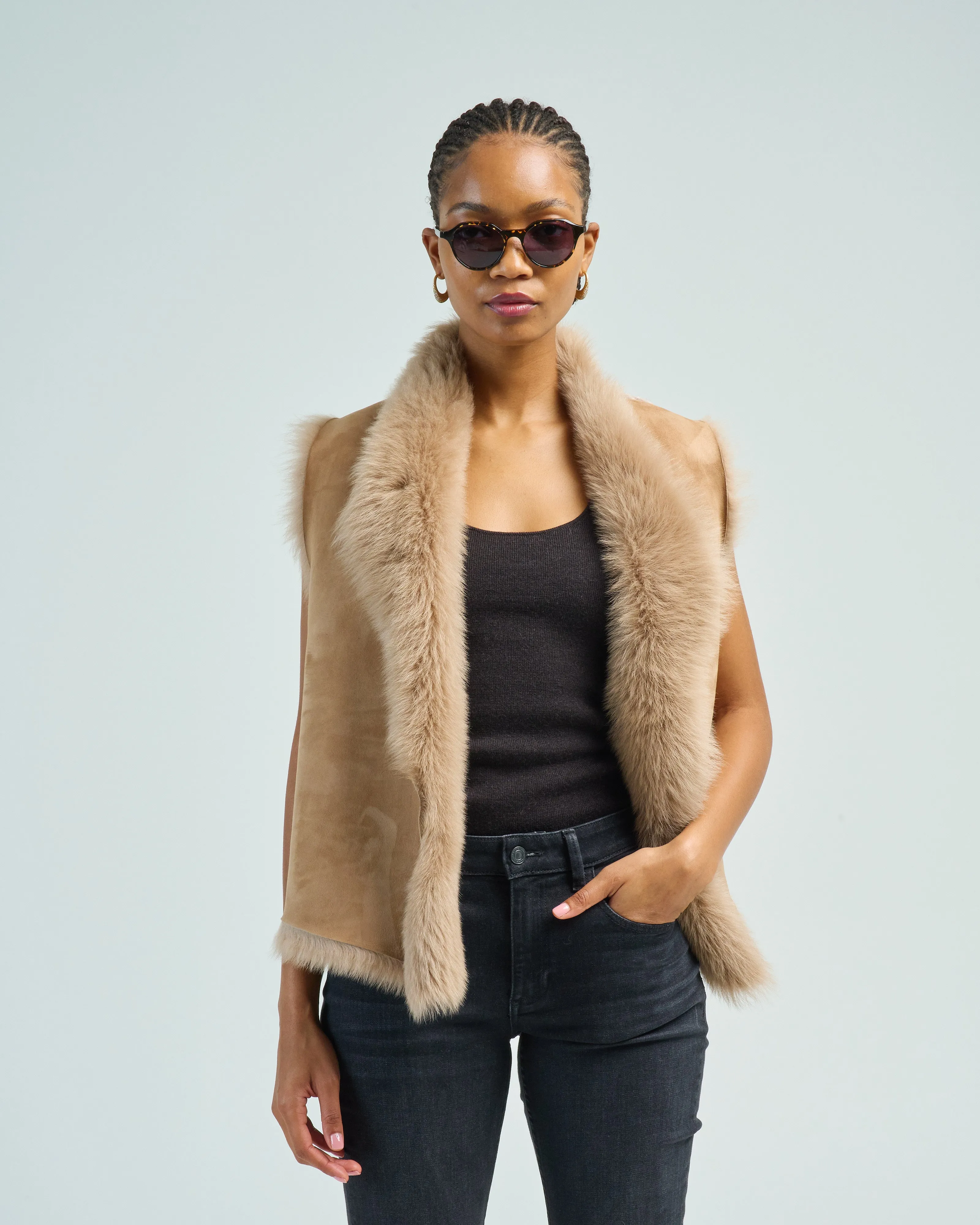 shearling and hand knit gilet