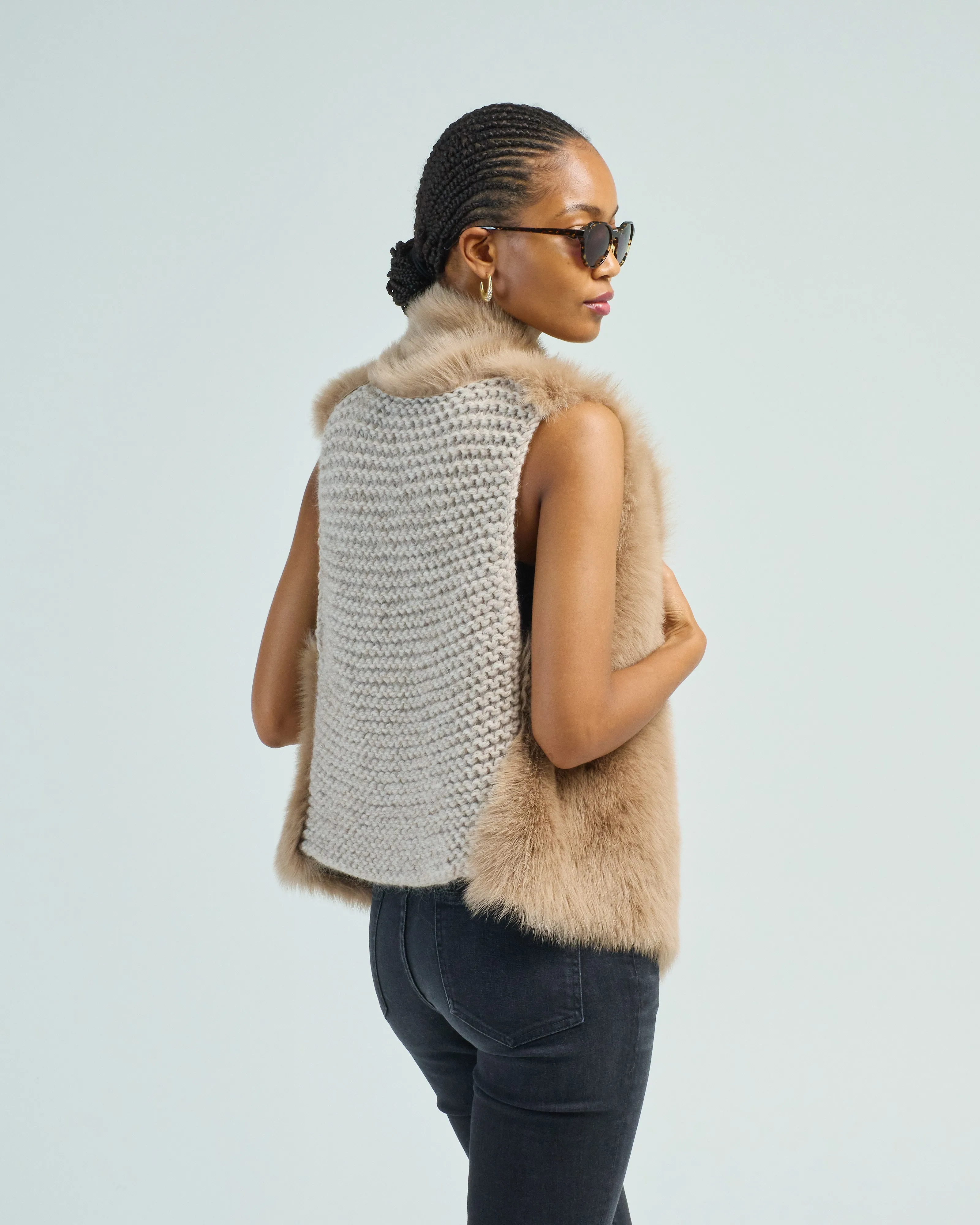 shearling and hand knit gilet