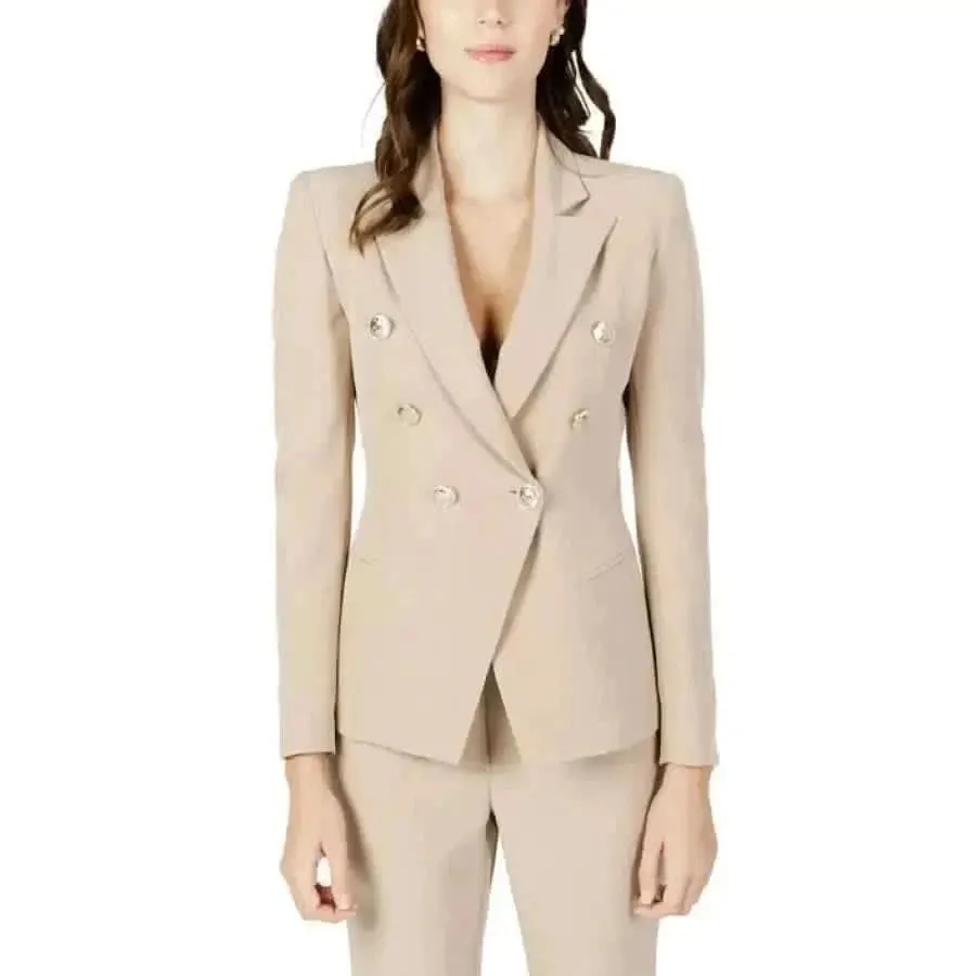 Silence Women Beige Blazer with Lapel Collar and Front Pockets