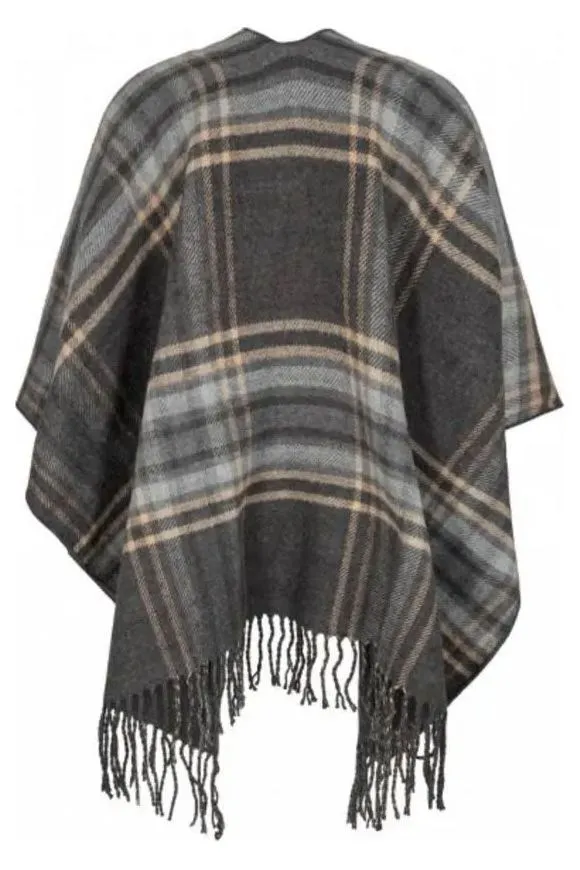 SoyaConcept from Denmark - Plaid Fringe Shawl - Dark Grey Melange