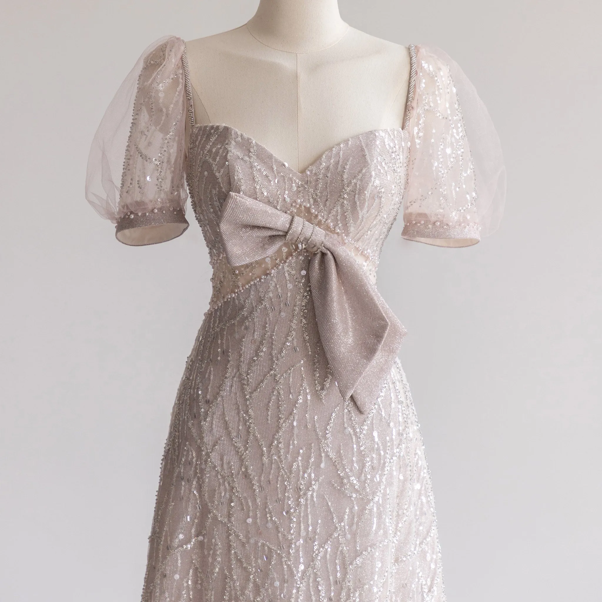 Sparkly Formal Gown Sheer Bodice Party Dress with Half Sleeve