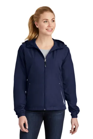 Sport-Tek Women's Colorblock Hooded Raglan Jacket. LST76 True Navy/ White