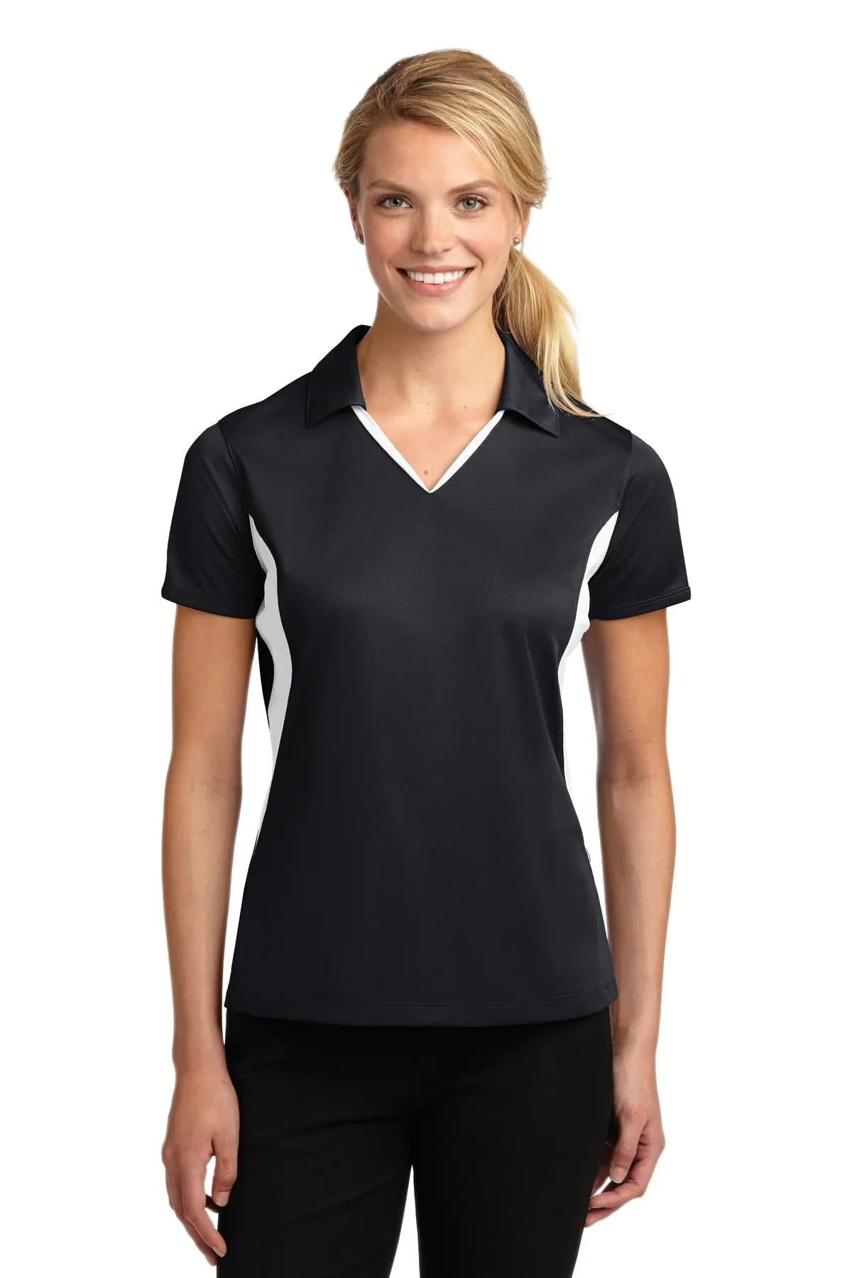Sport-Tek Women's Side Blocked Micropique Sport-Wick Polo. LST655 Black/ White