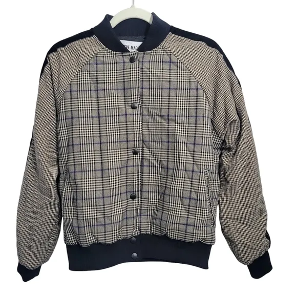 Steve Madden Women's akiri Brown Black Plaid Houndstooth Bomber Jacket Size S
