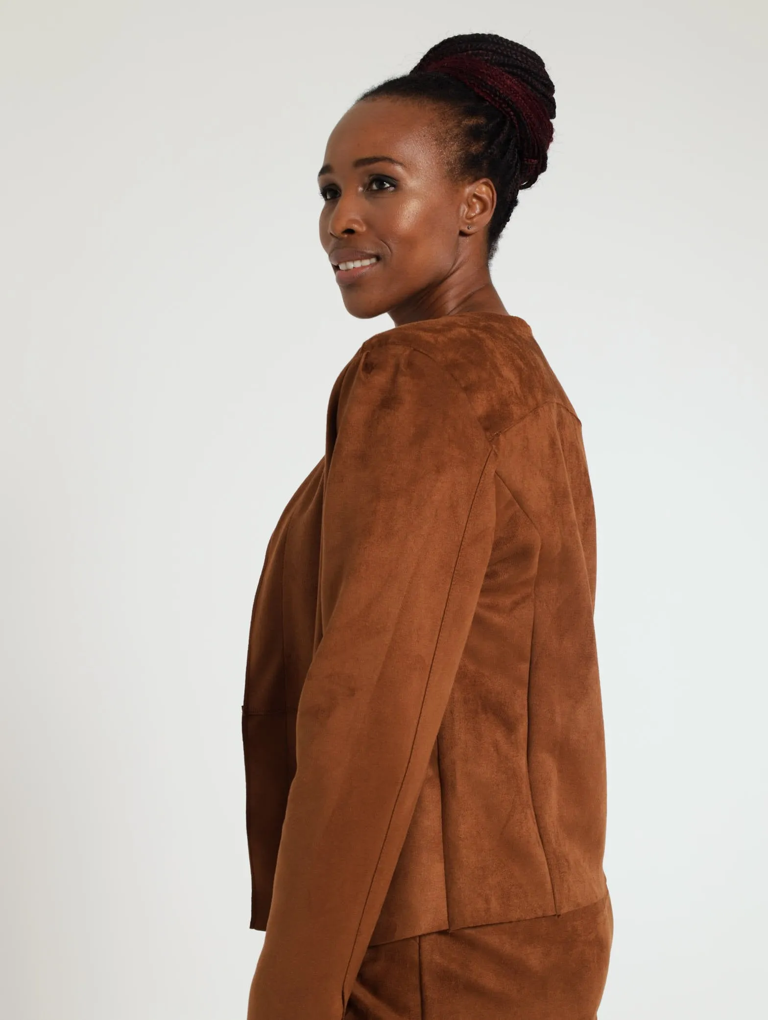 Suede Collarless Jacket - Brown