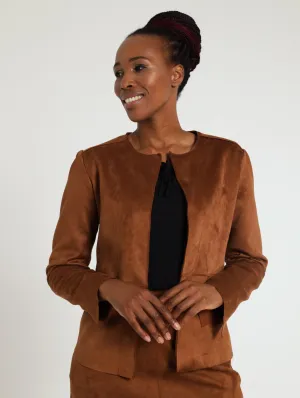Suede Collarless Jacket - Brown