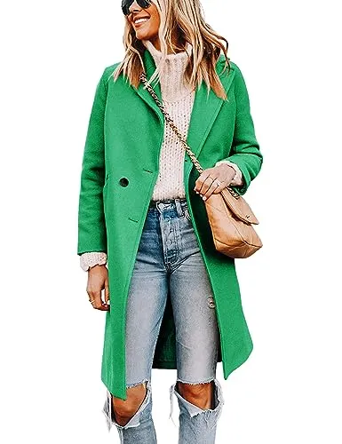 Tanming Women's Notch Lapel Double Breasted Wool Blend Mid Long Pea Trench Coat.