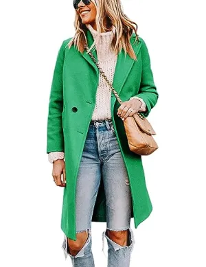 Tanming Women's Notch Lapel Double Breasted Wool Blend Mid Long Pea Trench Coat.