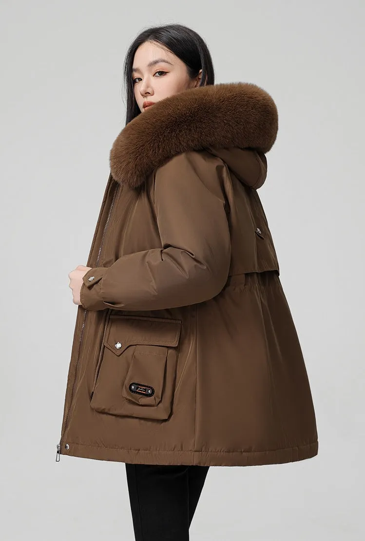 Thickened Hooded Parka Featuring a Fleece-Lined Interior