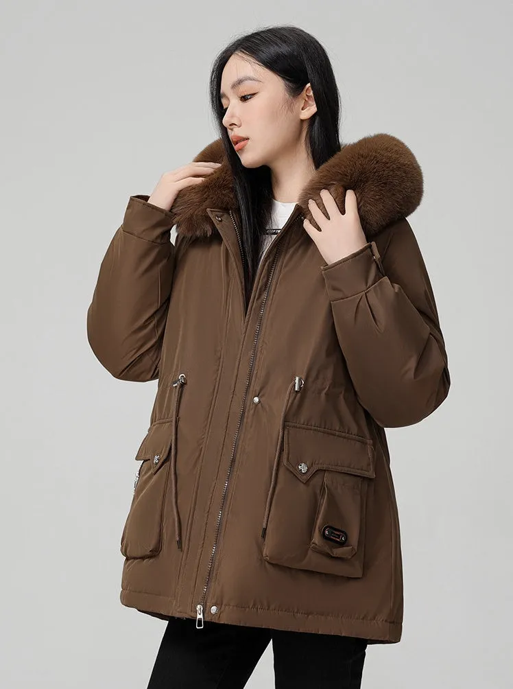 Thickened Hooded Parka Featuring a Fleece-Lined Interior