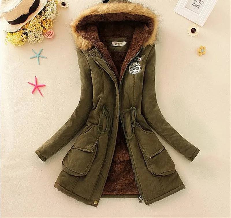 Thickening Warm Fur Collar Winter Coat Women Clothes Lamb Wool Jacket Hooded Parka Army Green Overcoat Top198