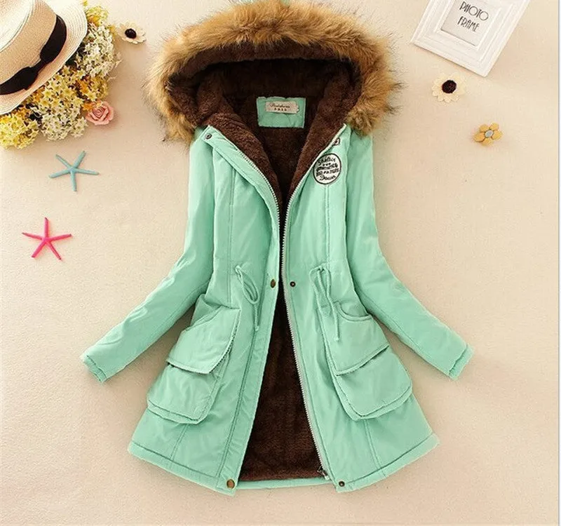 Thickening Warm Fur Collar Winter Coat Women Clothes Lamb Wool Jacket Hooded Parka Army Green Overcoat Top198