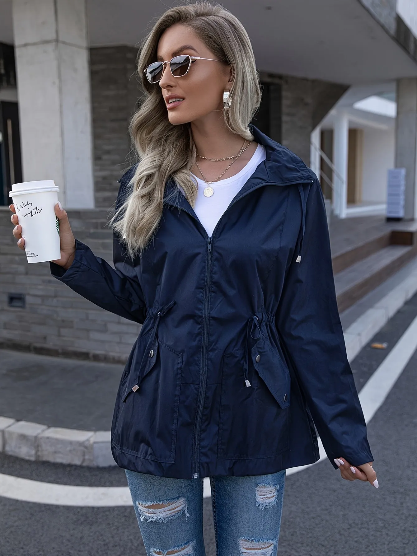 Tie Waist Solid Jacket With Pockets, Long Sleeve Zip Up Outdoor Hiking Outerwear For Fall & Spring, Women's Clothing