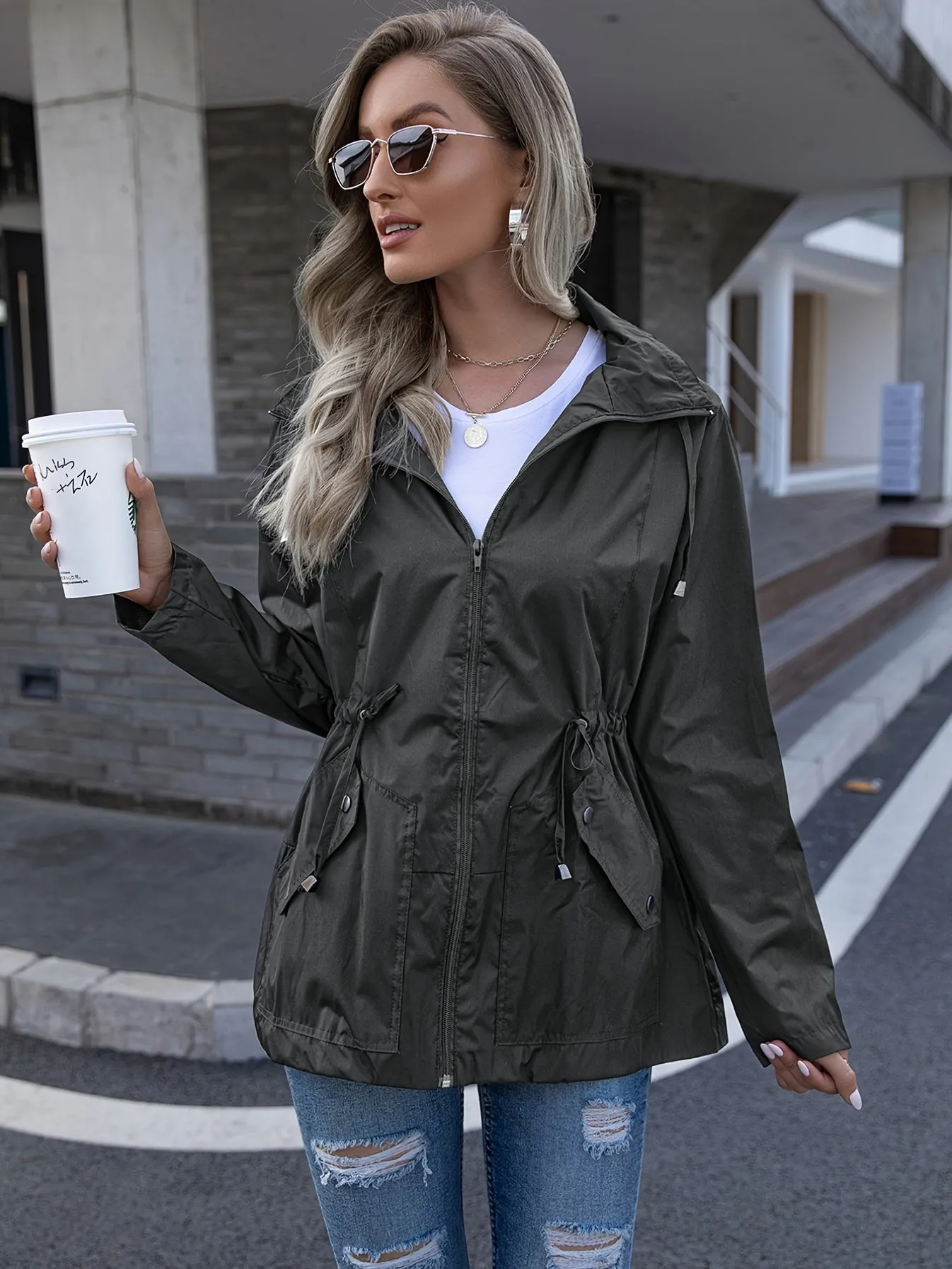 Tie Waist Solid Jacket With Pockets, Long Sleeve Zip Up Outdoor Hiking Outerwear For Fall & Spring, Women's Clothing