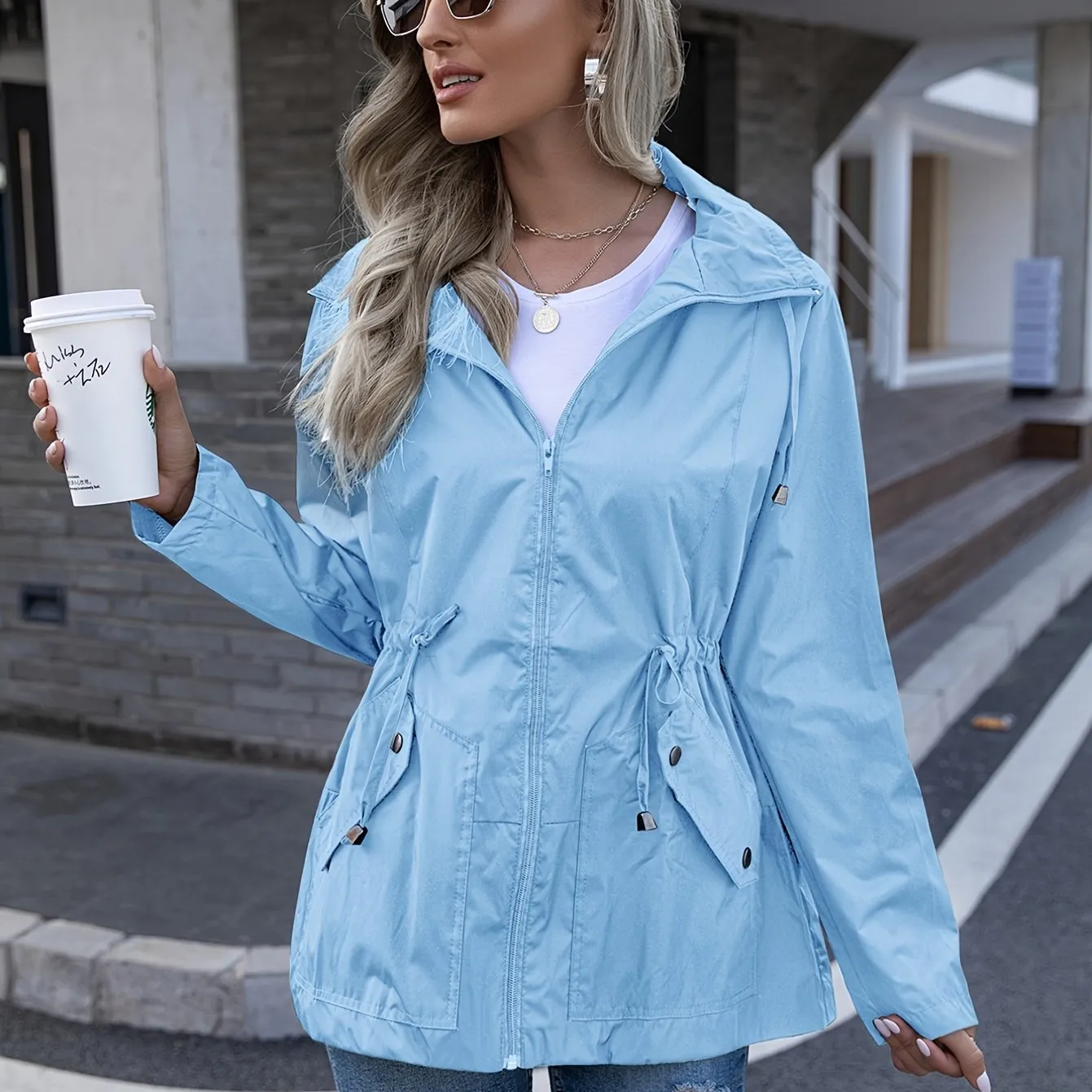 Tie Waist Solid Jacket With Pockets, Long Sleeve Zip Up Outdoor Hiking Outerwear For Fall & Spring, Women's Clothing