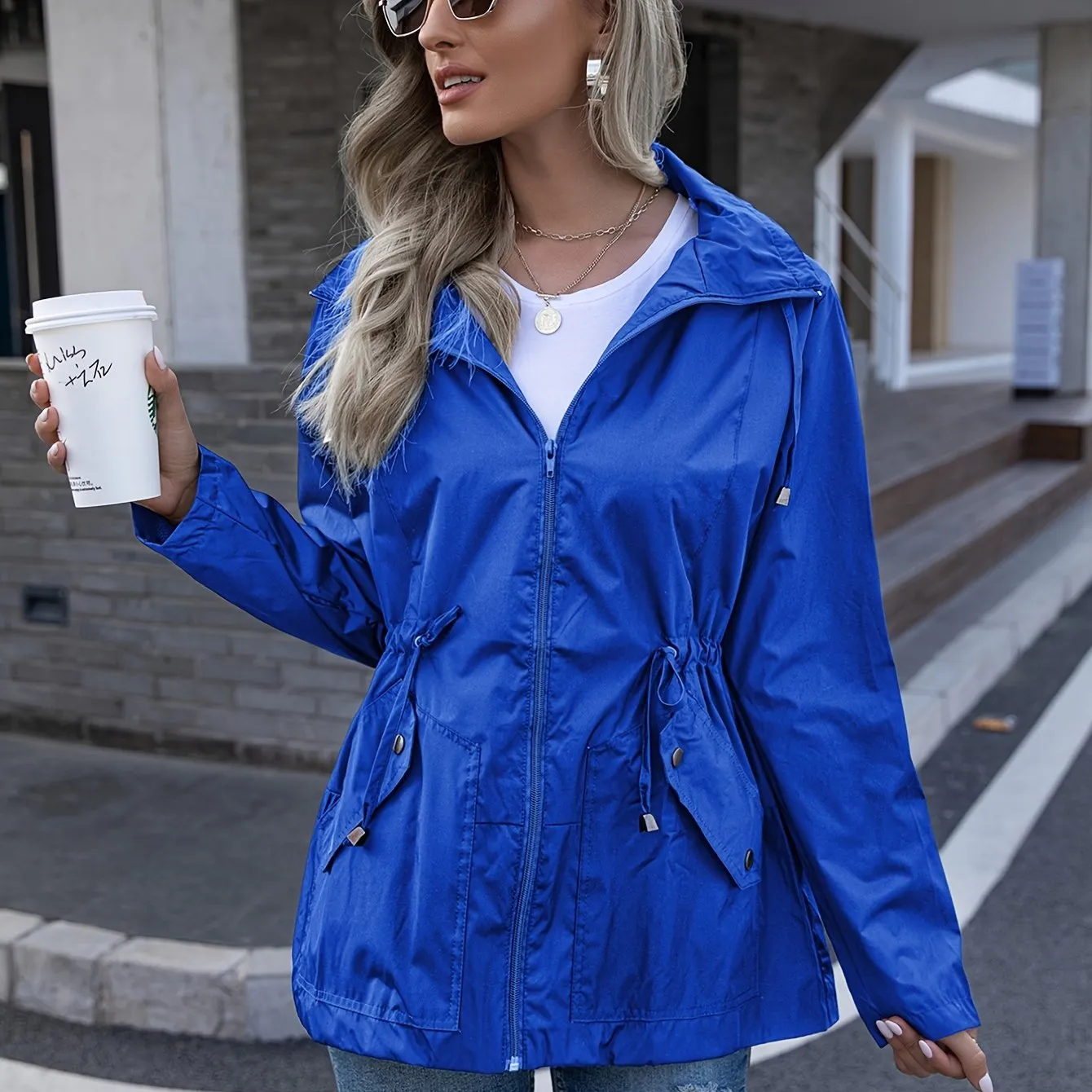 Tie Waist Solid Jacket With Pockets, Long Sleeve Zip Up Outdoor Hiking Outerwear For Fall & Spring, Women's Clothing