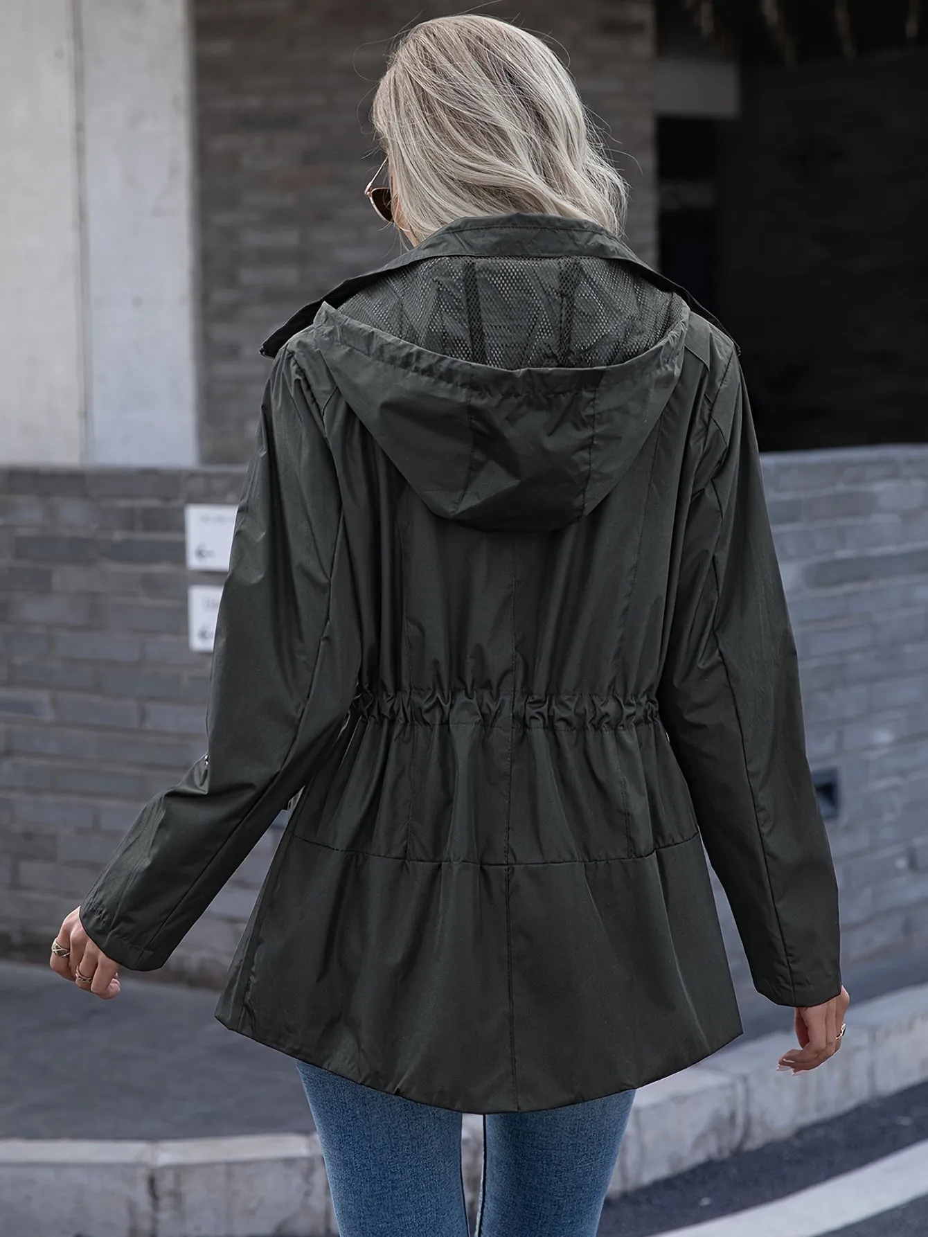 Tie Waist Solid Jacket With Pockets, Long Sleeve Zip Up Outdoor Hiking Outerwear For Fall & Spring, Women's Clothing