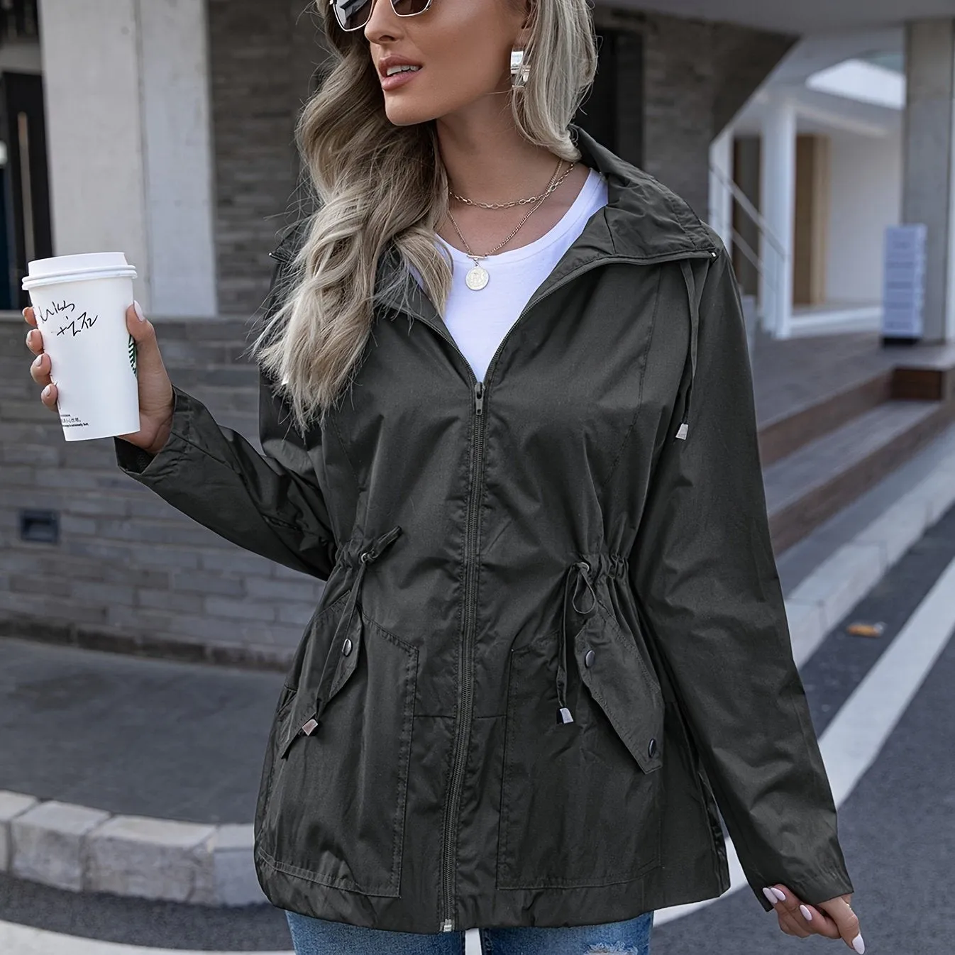 Tie Waist Solid Jacket With Pockets, Long Sleeve Zip Up Outdoor Hiking Outerwear For Fall & Spring, Women's Clothing