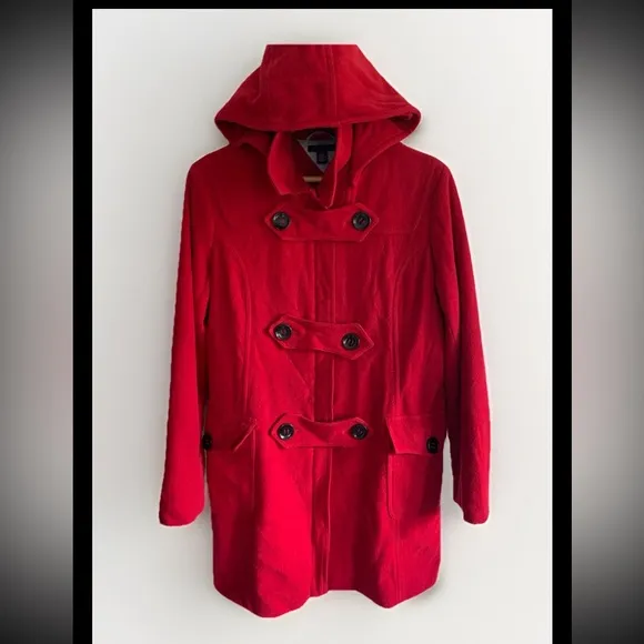 Tommy Hilfiger Women’s Red Wool Pea Coat Detachable Hood Sz 10 Pockets Zip