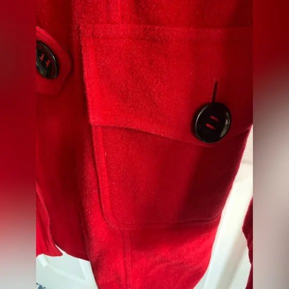 Tommy Hilfiger Women’s Red Wool Pea Coat Detachable Hood Sz 10 Pockets Zip