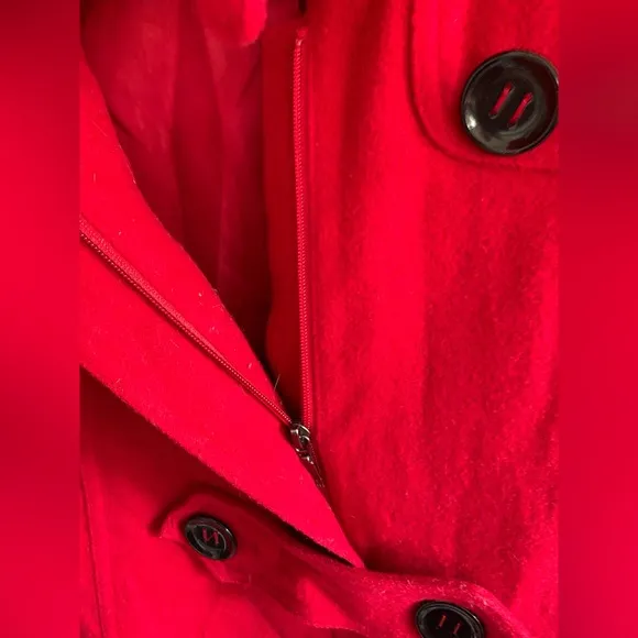 Tommy Hilfiger Women’s Red Wool Pea Coat Detachable Hood Sz 10 Pockets Zip