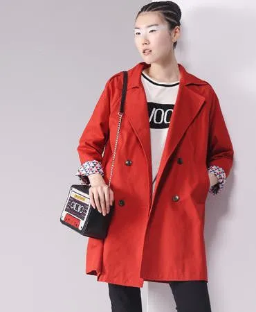 Trench Coat Women Double-Breasted Turn-Down Collar Medium Style Long Cotton Outwears