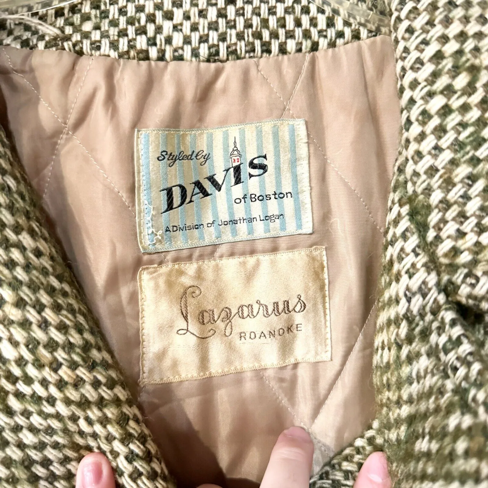 Vintage DAVIS OF BOSTON LAZAROUS Pea Coat Women Green Woven Double Breasted