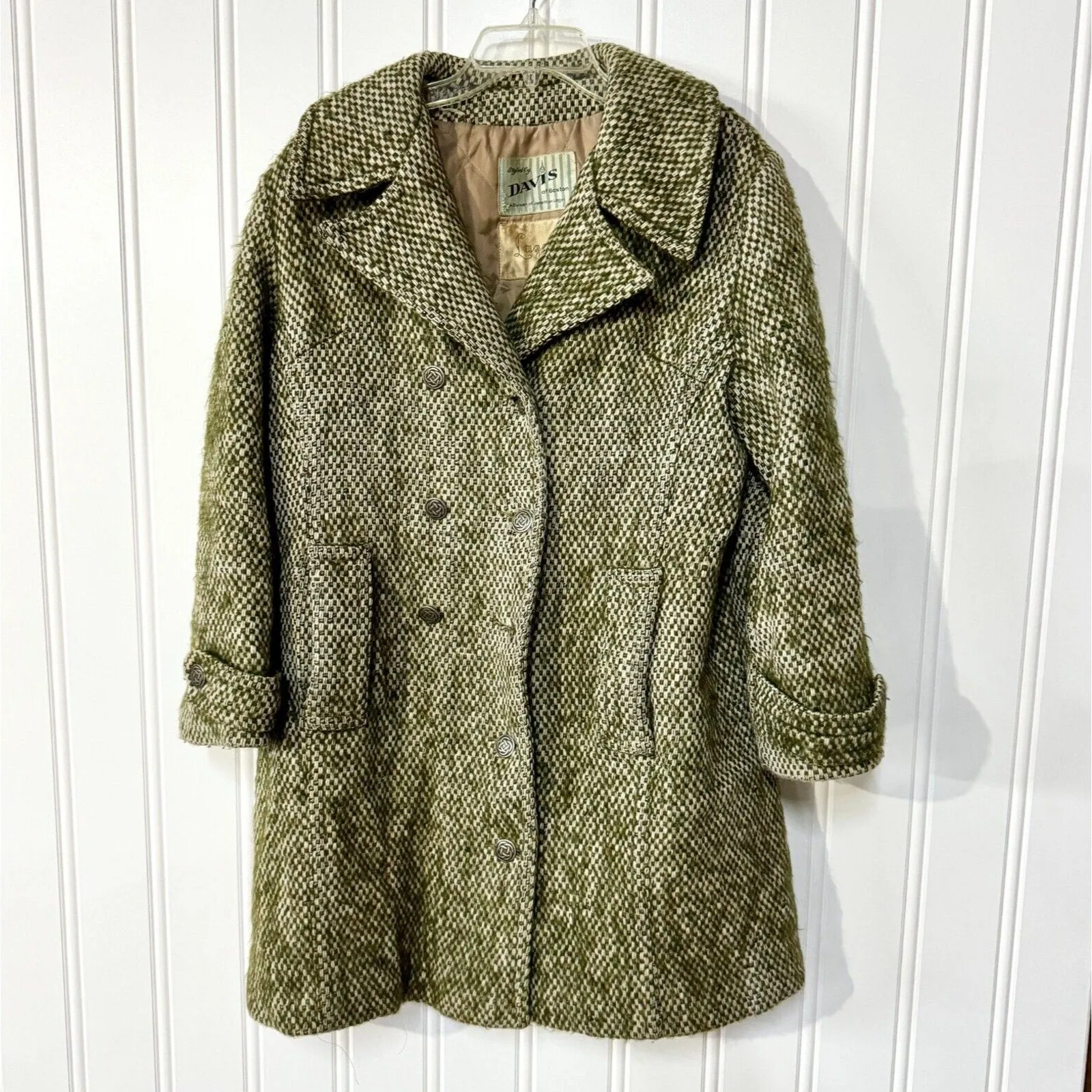 Vintage DAVIS OF BOSTON LAZAROUS Pea Coat Women Green Woven Double Breasted