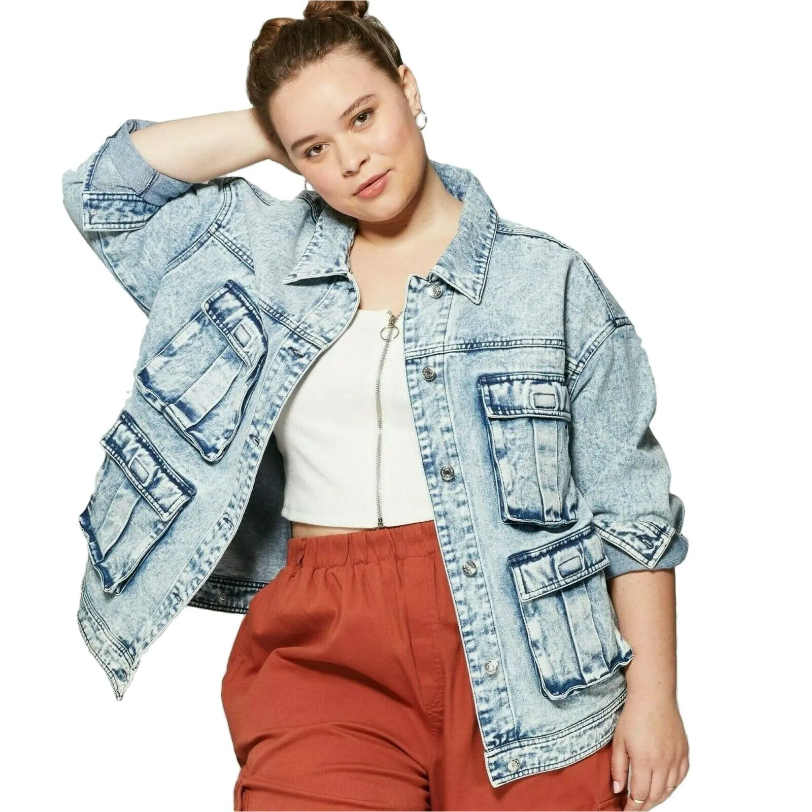 Wild Fable Women's Long Sleeve Button-Down Cargo Denim Jacket