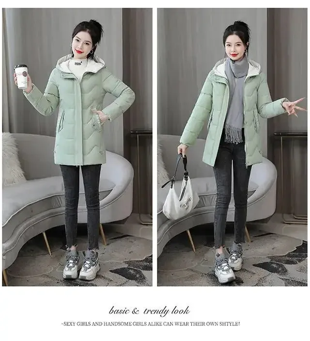 Winter Fashion Women Mid Length Down Cotton Jacket Korean Loose Thick Warm Padded Coat Female Hooded Parkas Outerwear Winter