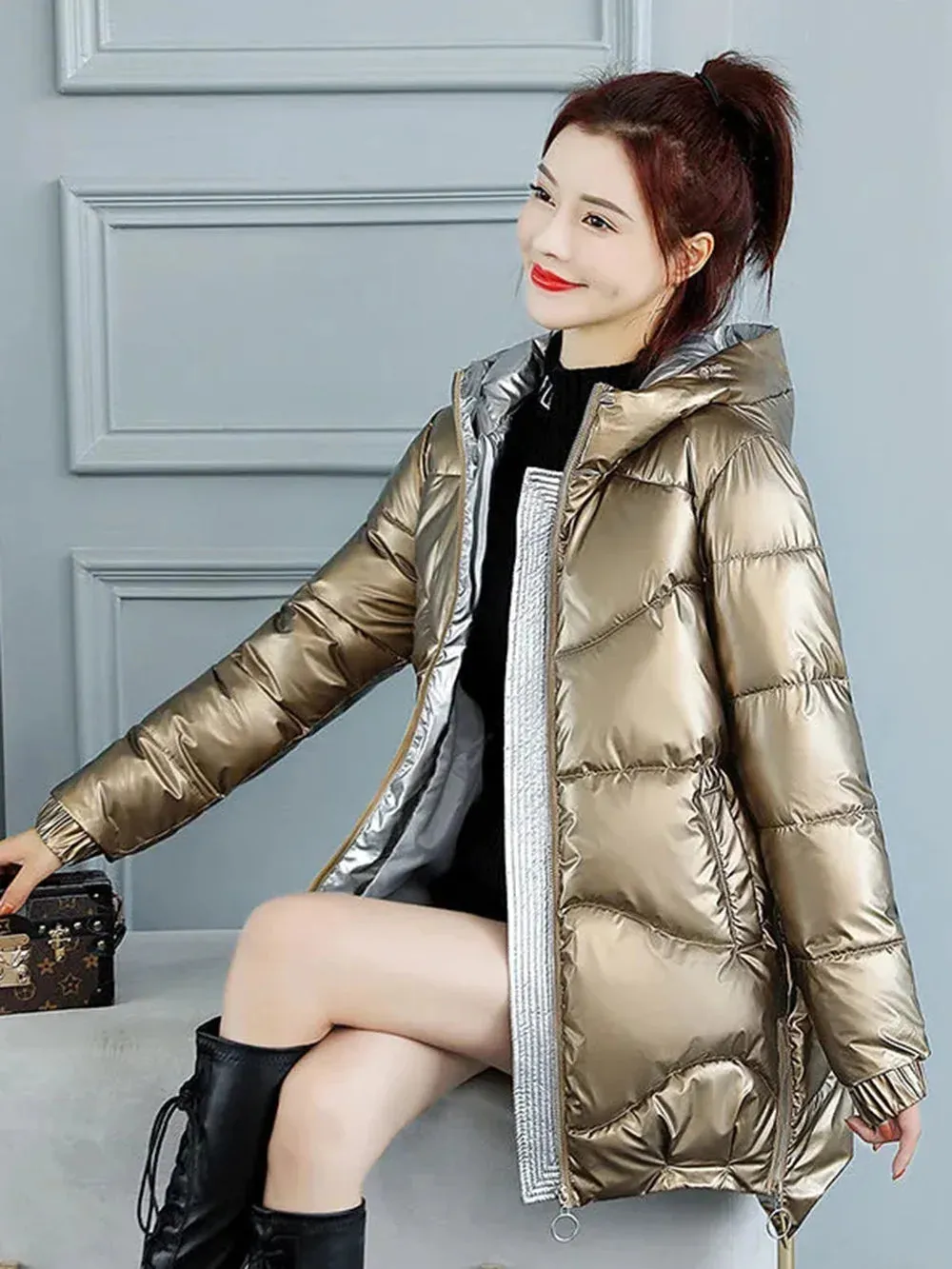 Winter Jacket Parkas Women Glossy Down Cotton Jacket Hooded Parka Warm Female Cotton Padded Jacket Casual Outwear