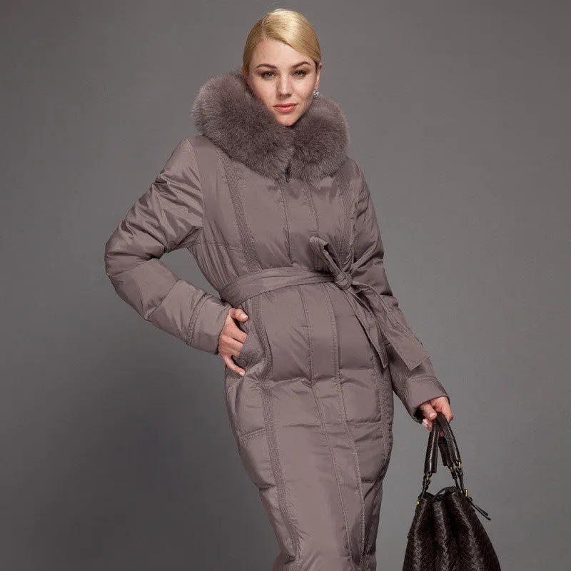 Winter Long Down Women Jacket Longthen Slim Belt Coat Real Fox Collar Thick Big size 1A7155-1