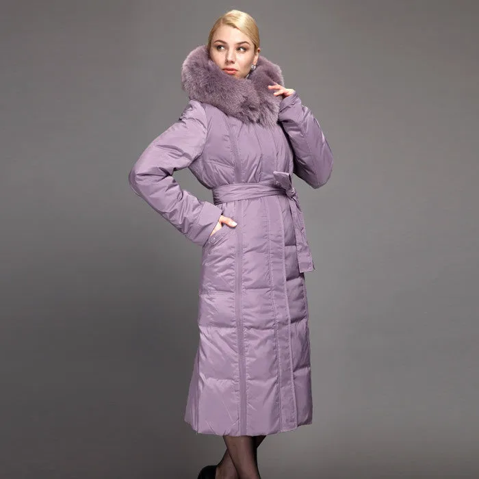 Winter Long Down Women Jacket Longthen Slim Belt Coat Real Fox Collar Thick Big size 1A7155-1