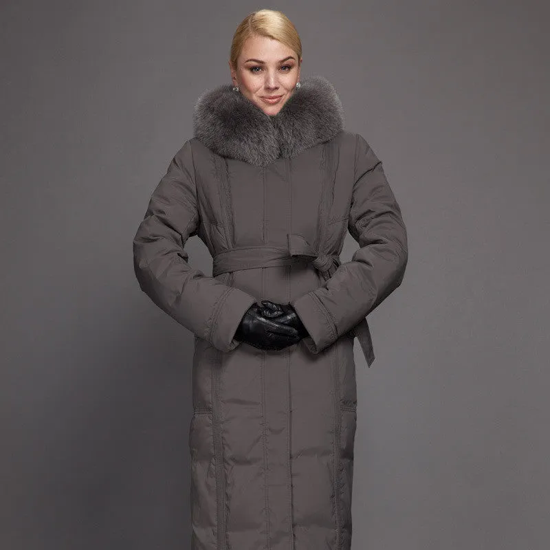 Winter Long Down Women Jacket Longthen Slim Belt Coat Real Fox Collar Thick Big size 1A7155-1