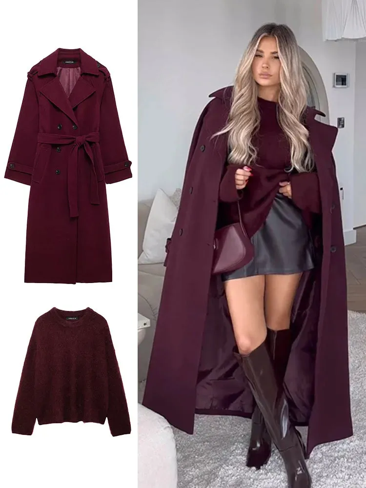 Winter Women's Elegant Burgundy Blend Maxi Long Pea Coat Fashion Double-breasted Lapel Jacket Female Chic Trench Coat with Belt