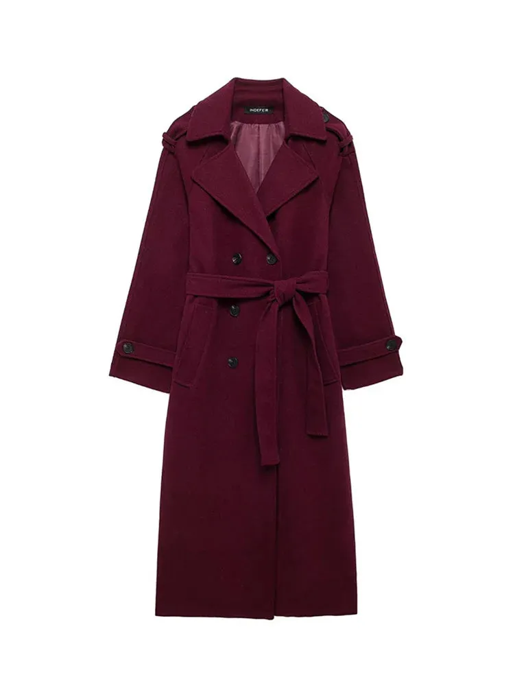 Winter Women's Elegant Burgundy Blend Maxi Long Pea Coat Fashion Double-breasted Lapel Jacket Female Chic Trench Coat with Belt