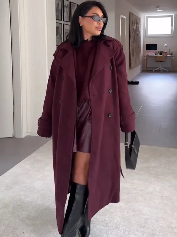 Winter Women's Elegant Burgundy Blend Maxi Long Pea Coat Fashion Double-breasted Lapel Jacket Female Chic Trench Coat with Belt