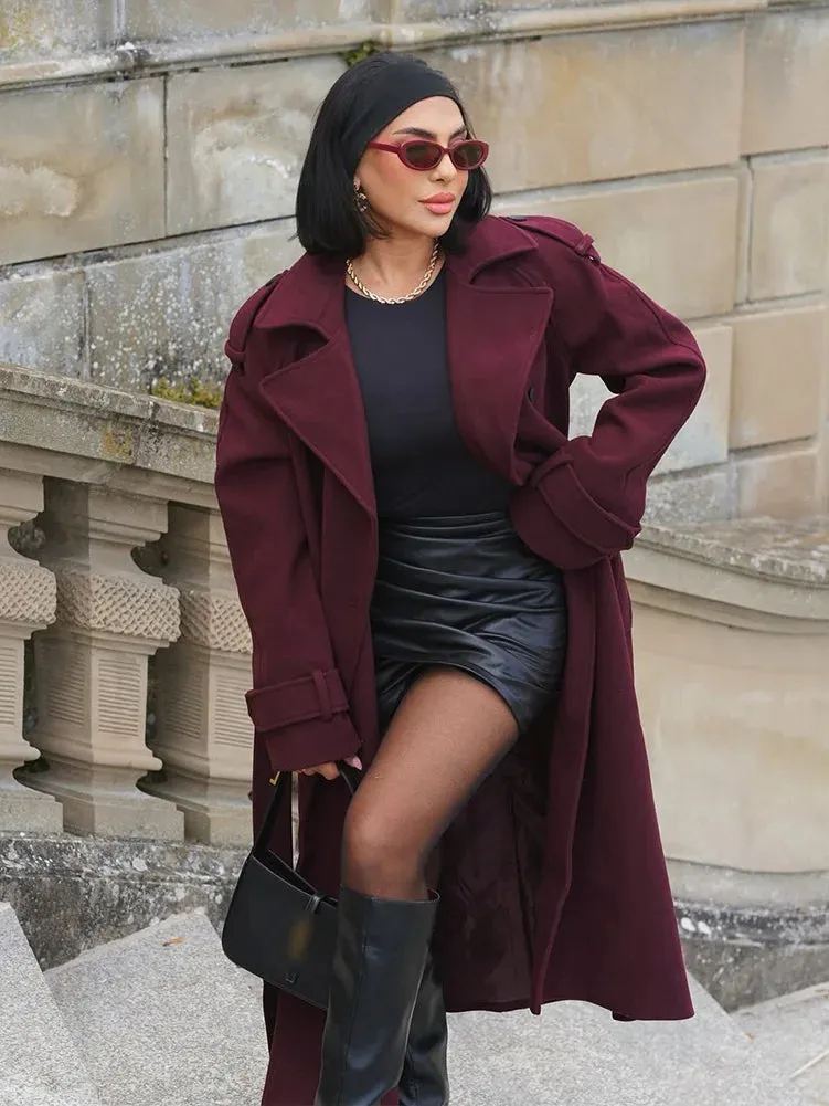 Winter Women's Elegant Burgundy Blend Maxi Long Pea Coat Fashion Double-breasted Lapel Jacket Female Chic Trench Coat with Belt