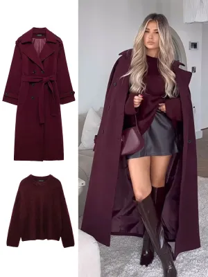 Winter Women's Elegant Burgundy Blend Maxi Long Pea Coat Fashion Double-breasted Lapel Jacket Female Chic Trench Coat with Belt