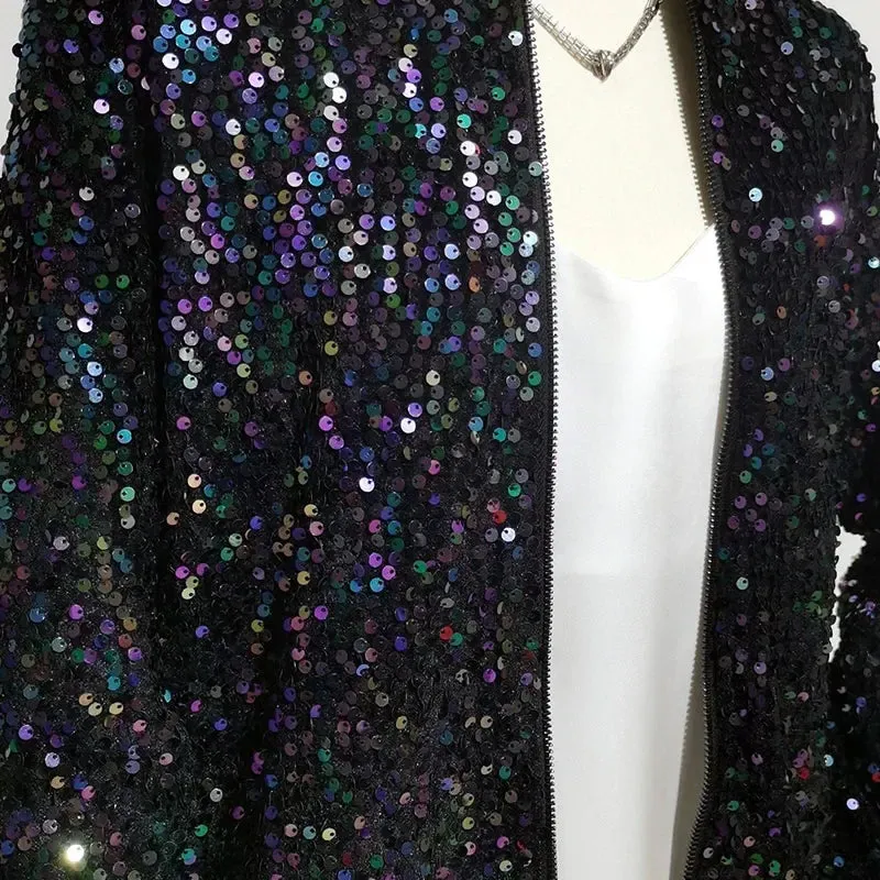 Women Black Sequin Bomber Jacket Loose Stand Collar Casual Velour Coat Zip Up Baseball Jacket