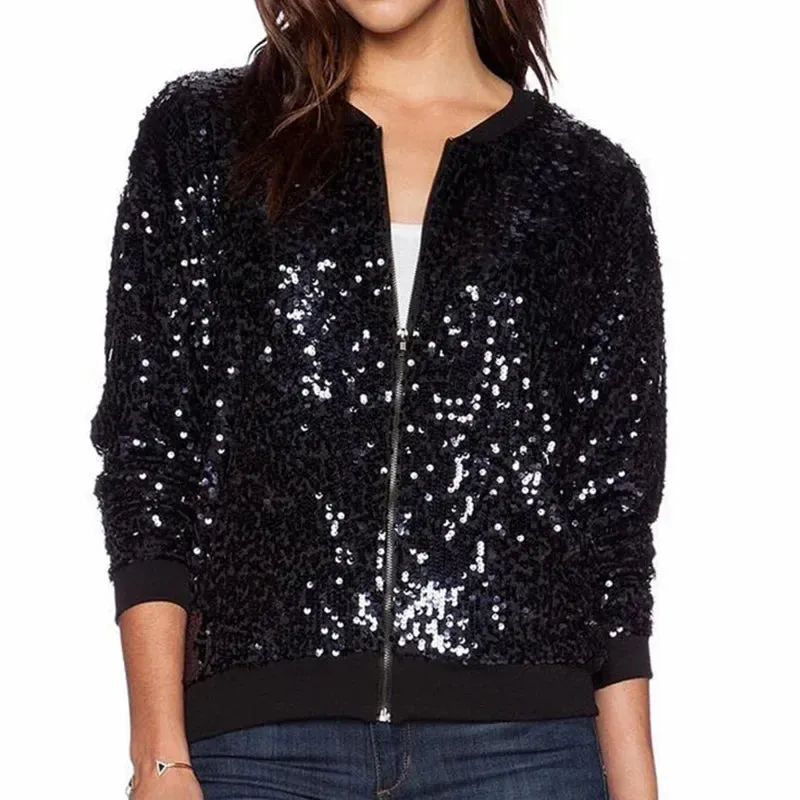Women Black Sequin Bomber Jacket Loose Stand Collar Casual Velour Coat Zip Up Baseball Jacket