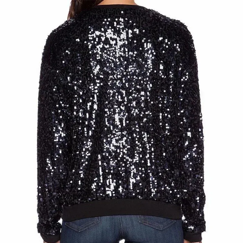 Women Black Sequin Bomber Jacket Loose Stand Collar Casual Velour Coat Zip Up Baseball Jacket