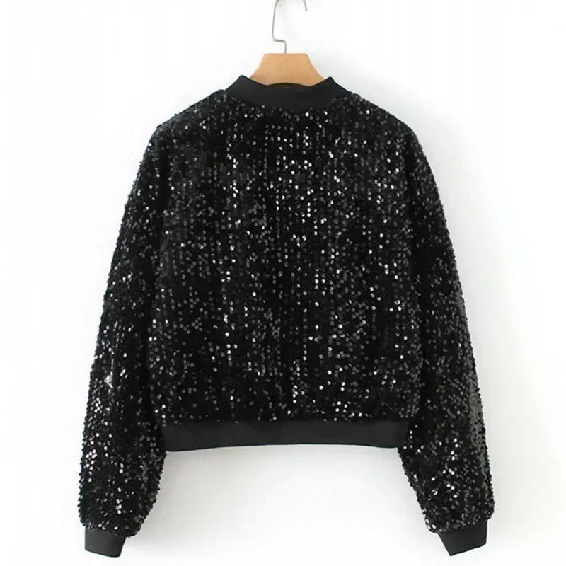 Women Black Sequin Bomber Jacket Loose Stand Collar Casual Velour Coat Zip Up Baseball Jacket